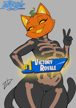 anthro black_clothing black_suit bodysuit camel_toe clothing female for_a_head gesture hand_gesture holidays jack-o'-lantern markings nipple_outline pumpkin_head simple_background skeleton_(marking) skinsuit solo suit tail tight_clothing v_sign zoobastik epic_games fortnite halloween inktober inktober_2025 spice_(fortnite) felid feline mammal object_head 2025 absurd_res hi_res