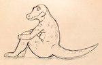 ambiguous_gender anthro hugging_legs looking_back looking_worried nude simple_background slightly_chubby solo tasteful_nudity goatboner_(artist) alligator alligatorid crocodilian reptile scalie sketch