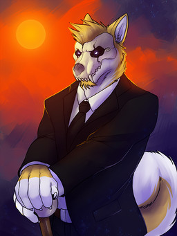 abstract_background anthro black_clothing black_necktie black_sclera black_topwear blonde_hair bone bone_mask cane clothed clothing fangs fur hair holding_cane holding_object male male_anthro mask necktie short_hair skull skull_mask solo standing tail teeth topwear white_body white_clothing white_eyes white_fur white_tail white_topwear yellow_body yellow_fur yellow_tail solaxe_(artist) solaxe canid canine mammal half-length_portrait portrait
