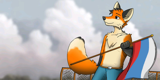 5_fingers anthro biped black_eyes bottomwear cheek_spots chest_tuft clothed clothing cloud day fingers flag flag_(object) fluffy fluffy_tail fur hair holding_flag holding_object inner_ear_fluff male mouth_closed outside pants russian_flag sky solo standing tail topless tuft white_sclera verfa canid canine fox mammal 2:1 hi_res