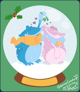 3_fingers 3_toes anthro blue_body blue_scarf blue_skin blue_spots canon_couple closed_smile duo eyelashes eyes_closed feet female female_anthro fingers green_background hand_behind_back hands_together heart_(marking) heart_symbol holding_mistletoe holidays holly_(plant) kissing_cheek looking_at_another looking_at_partner love male male/female male_anthro markings mistletoe mitten_hands mostly_nude mostly_nude_anthro mostly_nude_female mostly_nude_male mouth_closed multicolored_body multicolored_skin orange_scarf pink_body pink_markings pink_skin pink_spots plant puckered_lips purple_eyes romantic romantic_couple scarf scarf_only simple_background smile smiling_at_another smiling_at_partner snow snow_globe snowing spots spotted_body spotted_skin standing text toes year raygirl christmas rayman_(series) ubisoft globox uglette amphibian frog 2018 2d_animation animated artist_name colored digital_media_(artwork) english_description english_text shaded