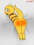 anthro armless bed bed_sheet bedding blush bodily_fluids bottomless butt butt_slap clothed clothing furniture male pattern_clothing slap solo spank_marks spanking striped_clothing stripes tears yellow_body young davidkyatt undertale_(series) monster_kid lizard monster reptile scalie 3:4