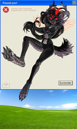 anthro black_hair black_nose bra breasts clothing cybernetics cyberpunk fangs female fishnet_clothing fishnet_legwear glowing glowing_eyes glowing_horn hair horn legwear looking_at_viewer machine multi_eye panties prosthetic prosthetic_arm prosthetic_limb simple_background small_breasts solo teeth three-quarter_view underwear errokioslem microsoft microsoft_windows windows_xp hybrid full-length_portrait hi_res portrait