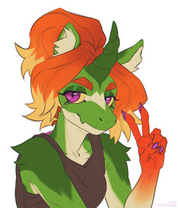 anthro arm_tuft blonde_hair brown_clothing brown_topwear clothed clothing female female_anthro front_view fur gesture green_body green_fur green_horn hair hand_gesture horn long_hair looking_at_viewer mouth_closed multicolored_hair narrowed_eyes orange_hair pupils purple_eyes shoulder_tuft simple_background slit_pupils solo topwear tuft two_tone_hair v_sign white_background yellow_sclera lostgoose mythology dragon mythological_creature mythological_scalie scalie 2024 bust_portrait dated hi_res portrait