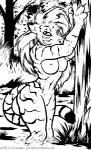 anthro arms_above_head black_and_white detailed_background felid female joe_rosales low_res mammal monochrome nipples nude outside pantherine pubes solo stripes tiger