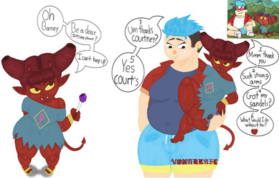 bottomless breasts broken_halo candy carried carrying_another carrying_person claws clothed clothing comparison dessert dialogue eyewear fangs feet female food footwear horn jewelry lollipop male male/female nails overweight pointy_ears red_body red_skin sandals sharp_nails sharp_teeth shirt shirt_only shoes shortstack sitting_on_hand size_difference slightly_chubby slightly_chubby_male small_breasts small_feet smile sunglasses tail teeth text thick_thighs topwear topwear_only wide_hips vonarkail dead_end:_paranormal_park netflix barney_guttman_(dead_end) courtney_(dead_end) angel fallen_angel human humanoid imp mammal digital_drawing_(artwork) digital_media_(artwork) english_text signature watermark