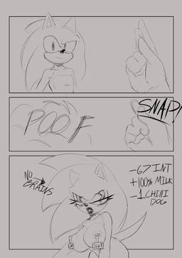 anthro bedroom_eyes big_breasts bimbofication breasts crossgender eyelashes eyeshadow facial_piercing female gender_transformation huge_breasts intelligence_loss lip_piercing lips lipstick makeup male mtf_transformation narrowed_eyes nipple_piercing nipples nude piercing seductive snapping_fingers solo text thick_lips transformation silenciotheartist sega sonic_the_hedgehog_(series) sonic_the_hedgehog eulipotyphlan hedgehog mammal comic english_text hi_res