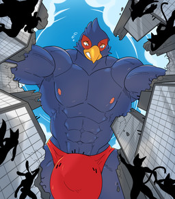 anthro big_bulge blue_body blue_feathers bulge city clothing cloud destruction detailed_bulge feathers fish_eye_view genital_outline green_eyes looming low-angle_view macro male muscular muscular_male nipples non-mammal_nipples silhouette speedo swimwear happyending nintendo star_fox falco_lombardi avian bird hi_res