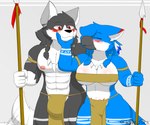 anthro beak breasts clothed clothing duo female fur hair male male/female simple_background smile tribal kyle_wolfz kyle_(kyle_furs) lucy_shine_(kyle_furs) avian bird canid canine canis domestic_dog hybrid mammal wolf absurd_res hi_res