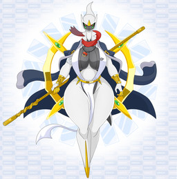 anthro big_breasts breasts clothing female gold_(metal) grey_body holding_object huge_breasts hyper hyper_breasts pokeball pokemorph red_eyes red_scarf scarf simple_background solo text thick_thighs white_body white_clothing urusee584 nintendo pokemon arceus deity generation_4_pokemon legendary_pokemon pokemon_(species) 2025 character_cipher digital_media_(artwork) hi_res unown_text