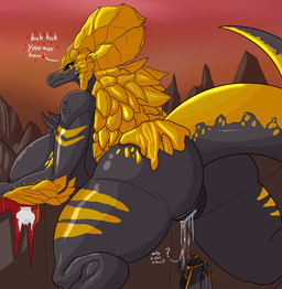 ambiguous_gender anthro areola armor big_breasts bodily_fluids breasts butt duo female genital_fluids genitals horn human_on_anthro interspecies larger_anthro larger_female macro non-mammal_breasts nude size_difference smaller_ambiguous smaller_human tail text thick_thighs vulva weapon yellow_eyes vf-01s capcom monster_hunter mythology dragon elder_dragon human kulve_taroth mammal mythological_creature mythological_scalie scalie absurd_res hi_res