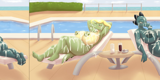 4_toes anthro areola big_breasts blush bodily_fluids breasts butt container cum cum_on_back cum_on_breasts cum_on_butt cum_on_face cum_on_feet cup duo eyes_closed feet female genital_fluids glass huge_breasts humanoid_feet looking_at_viewer lying nipples non-mammal_breasts non-mammal_nipples on_back on_front outside plantigrade poolside sharp_teeth soles swimming_pool tail teeth toes hyperstorm_h marauder6272 camp_lazlo cartoon_network night_in_the_woods bea_santello gretchen_(camp_lazlo) crocodile crocodilian reptile scalie 2020 absurd_res digital_media_(artwork) hi_res long_image wide_image