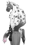 animal_genitalia animal_penis anthro big_penis dappled equine_genitalia equine_penis genital_piercing genitals male markings meme_pose nipple_piercing nipples pants_tug penis piercing pubes septum solo spots spotted_body wrapped_tail hahazzar equid equine horse mammal absurd_res hi_res