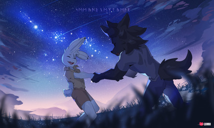 anthro duo eyes_closed hand_holding male male/male night romantic romantic_couple star lumii i_think_i_like_you leon_(i_think_i_like_you) sky_(i_think_i_like_you) canid canine canis lagomorph leporid mammal rabbit wolf absurd_res hi_res