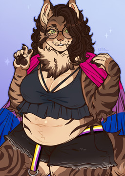 anthro belly big_breasts bisexual_pride_colors black_claws black_clothing black_crop_top black_pawpads black_shirt black_topwear bottomwear breasts brown_body brown_fur brown_hair brown_markings cheek_tuft chest_tuft claws cleavage clothed clothing crop_top eyewear facial_tuft fangs female fur glasses green_eyes hair hotpants lgbt_pride long_hair looking_at_viewer markings minishorts navel nonbinary_pride_colors overweight pawpads pink_nose pride_colors round_glasses shirt shorts smile solo striped_body striped_fur striped_markings stripes tan_body tan_fur teeth thick_thighs topwear tuft yellow_sclera szaris domestic_cat felid feline felis mammal 2025 colored colored_sketch digital_drawing_(artwork) digital_media_(artwork) flat_colors hi_res sketch nonbinary_(lore)