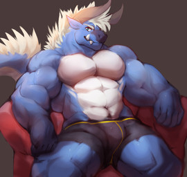 2_horns abs anthro biceps black_briefs black_clothing black_underwear blue_body blue_eyes blue_fur briefs briefs_only clothed clothing fangs forearm_muscles fur furniture grey_background hair horn looking_at_viewer male multicolored_body multicolored_fur muscular muscular_thighs navel on_sofa pecs simple_background sitting sitting_on_sofa sofa solo tail_mane teeth topless tusks two_tone_body two_tone_fur underwear underwear_only white_body white_fur white_hair istani final_fantasy square_enix pulse_(behemoth_pulse) behemoth_(final_fantasy) mammal 2017 absurd_res hi_res