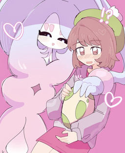 black_sclera blue_eyes blush blush_lines bodily_fluids brown_eyes brown_hair clothing duo egg embarrassed exclamation_point eyebrow_through_hair eyebrows female female/female hair hat headgear headwear heart_symbol holding_object hug interrobang open_mouth pokemon_egg question_mark simple_background sweat translucent translucent_hair han0579 nintendo pokemon gloria_(pokemon) generation_8_pokemon hatterene human humanoid mammal pokemon_(species) 2025 hi_res