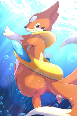 2_tails 3_fingers ambiguous_anthro ambiguous_gender anthro arm_fin black_nose blue_fin bubble dipstick_tail fangs featureless_feet feet fin fingers fur head_turned light light_beam looking_back markings multi_tail multicolored_body multicolored_fur orange_body orange_fur orange_tail pupils red_eyes seaweed semi-anthro slightly_chubby snout solo sunbeam sunlight swimming tail tail_markings teeth two_tone_body two_tone_fur two_tone_tail underwater water white_body white_fur white_tail white_tail_tip rumine nintendo pokemon floatzel generation_4_pokemon mammal mustelid pokemon_(species) 2025 2:3 hi_res lighting shaded