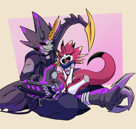 anthro black_body blush candy chocolate chocolate_ball claws dessert duo evolutionary_family feeding food grin male mouth_closed red_body sharp_teeth smile stinger stinger_tail tail teeth b00b00keys bandai_namco digimon betelgammamon digimon_(species) gulusgammamon scalie hi_res