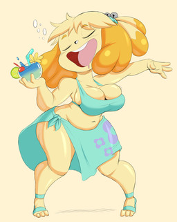 3_toes 4_fingers alcohol anthro belly beverage big_breasts big_butt biped bodily_fluids breasts butt clothed clothing curvy_figure drooling drunk eyes_closed feet female fingers footwear front_view fur hair high_heels navel open_mouth saliva shoes shortstack shortstack_female simple_background slightly_chubby solo standing substance_intoxication thick_thighs toeless_footwear toes vacation_juice voluptuous wide_hips yellow_body yellow_fur purple_yoshi_draws animal_crossing nintendo isabelle_(animal_crossing) canid canine canis domestic_dog mammal shih_tzu toy_dog 2019 digital_media_(artwork) hi_res