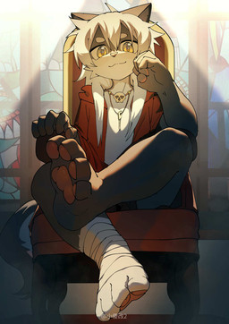 4_toes 5_fingers anthro biped chair clothed clothed_anthro clothed_male clothing crossed_legs detailed_background feet fingers foot_focus foot_wraps front_view furniture hair humanoid_hands jewelry key key_necklace light light_beam long_hair looking_at_viewer looking_down looking_down_at_viewer low-angle_view male male_anthro necklace on_chair pawpads plantigrade plantigrade_pawpads red_clothing red_topwear sitting sitting_on_chair solo stained_glass tail throne toes topwear wraps young young_anthro young_male toye2004 canid canine canis domestic_dog mammal 2025 hi_res