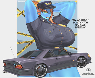 big_breasts black_clothing black_eyebrows black_eyes black_hat black_headwear black_shirt black_topwear blue_body blue_skin bottomless bottomless_female bottomless_humanoid breasts button_(fastener) car clothed clothed_female clothed_humanoid clothing collared_shirt dialogue ear_frill eyebrows eyelashes eyeshadow female female_humanoid frill_(anatomy) glistening glistening_body glistening_skin hair hands_behind_head hat headgear headwear looking_at_viewer makeup non-mammal_breasts noseless police police_badge police_hat police_uniform red_eyeshadow red_hair sharp_teeth shirt shirt_pocket simple_background solo standing teeth text topwear translucent translucent_hair uniform vehicle yellow_sclera yellow_teeth quattrant mercedes-benz undertale_(series) undyne animal_humanoid aquatic aquatic_humanoid fish fish_humanoid humanoid 2026 artist_name digital_drawing_(artwork) digital_media_(artwork) english_text hi_res