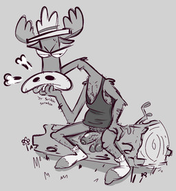 angry anthro antlers armpit_hair balls body_hair bottomless clothed clothing flower footwear foreskin frown genitals grass hairy_balls horn log looking_aside male mature_male mostly_nude_male penis plant pubes sitting socks solo wood the-alfie-incorporated camp_lazlo cartoon_network scoutmaster_lumpus deer mammal moose new_world_deer hi_res