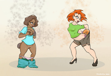 afro blush breast_grab breasts cleavage clothed clothing duo eyelashes featureless_crotch female footwear forced forced_transformation fur fur_coat hand_on_breast high_heels human_to_feral jewelry lips mid_transformation panties panties_down partially_clothed semi-anthro shoes shrinking simple_background size_transformation species_transformation surprised torn_clothing transformation underwear underwear_down cloud_coffee canid canine fox human mammal mink mustelid musteline true_musteline