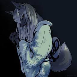 anthro asian_clothing black_body black_fur clothing east_asian_clothing female fur hair japanese_clothing kemono kimono long_hair looking_at_viewer smile smiling_at_viewer solo white_hair keityo99 canid canine fox mammal 1:1 hi_res
