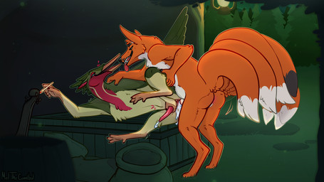 anthro anthro_on_anthro anthro_penetrated anthro_penetrating anthro_penetrating_anthro black_body black_fur bodily_fluids cloacal cloacal_penetration countershade_neck countershade_torso countershading cum cum_in_cloaca cum_inside cum_while_penetrated cumshot detailed_background dipstick_tail drugs duo ejaculation erection feathers fur genital_fluids genitals green_body green_feathers heart_symbol lying male male/male male_anthro male_penetrated male_penetrating male_penetrating_male marijuana markings masturbating_while_penetrated masturbation multi_tail nude nude_anthro nude_male on_side orange_body orange_fur outside_sex penetration penile penile_penetration penis penis_in_cloaca pink_penis raised_tail red_body red_feathers sex smoking smoking_marijuana standing tail tail_markings tan_body tan_feathers tapering_penis teeth tongue tongue_out white_body white_fur meldritchhorror sunoth apodiform avian bird canid canine fox hummingbird mammal ruby-throated_hummingbird 16:9 2019 4k absurd_res hi_res widescreen