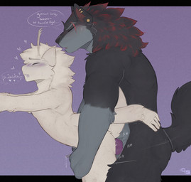 anal anal_penetration antennae_(anatomy) anthro black_body black_fur blush bodily_fluids butt dirty_talk duo fur genitals grey_body grey_fur heart_symbol highlights_(coloring) knot knotted_penis male male/male multi_arm multi_limb muscular muscular_male penetration penis plap red_highlights sex size_difference slim_male sweat sweatdrop tail tan_body tan_fur text cerberussenn ling_suren_(cerberussenn) arthropod canid canine canis insect lepidopteran mammal moth venezuelan_poodle_moth wolf absurd_res english_text hi_res signature