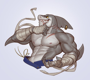 abs anthro arm_fin blood blood_on_face bodily_fluids brown_sclera clothed clothing earless fin fin_piercing fin_ring front_view furgonomic_piercing furgonomics gills grey_body grin head_fin looking_at_viewer male male_anthro muscular muscular_anthro muscular_male nipples notched_fin pecs piercing pupils red_nipples scar sharp_teeth simple_background slit_pupils smile solo teeth topless white_background white_body wrapped_arms wraps yellow_eyes edvardiko kuyo_(arcadegig) aquatic fish shark absurd_res half-length_portrait hi_res portrait