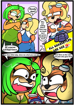 annoyed anthro blonde_hair border breasts butt clothed clothed_anthro clothed_female clothing dialogue eyelashes eyewear female fully_clothed fully_clothed_anthro fully_clothed_female fur goggles green_eyelids green_eyes green_hair group hair mechanical_hands orange_body orange_fur overalls shirt speech_bubble tall_female text topwear trio white_border white_clothing white_shirt white_topwear kaokaoarts oddkao activision crash_bandicoot_(series) ami_bandicoot coco_bandicoot nina_cortex bandicoot mammal marsupial comic english_text hi_res