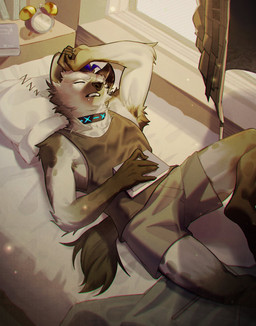 anthro armpit_hair bedding blanket body_hair book claws clothing collar eyebrow_piercing eyes_closed facial_piercing fur grey_body grey_fur hair inside male piercing pillow sleeping sleeveless_shirt solo tail teeth underwear pu94_d1de4c arknights hypergryph studio_montagne spot_(arknights) hyena mammal spotted_hyena 2025 hi_res