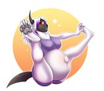 4_toes anthro belly big_belly blush border breasts clothed clothing exercise exercise_clothing feet female gradient_background hand_on_foot highlights_(coloring) horn leotard looking_at_viewer navel neck_tuft outie_navel pawpads paws pregnant pregnant_anthro pregnant_female prenatal_yoga purple_clothing purple_leotard raised_leg simple_background sitting smile soles solo teeth toes tuft white_border wide_legged_boat_pose yoga bindweed_(artist) nintendo pokemon gemma_sol absol generation_3_pokemon pokemon_(species)