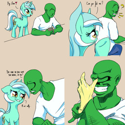 ?_face blush bodily_fluids clothing container cup cutie_mark dialogue duo female feral fur gloves green_body green_fur grin hair handwear heart_symbol horn humor imminent_fisting latex latex_clothing latex_gloves latex_handwear male multicolored_hair question_mark rape_face shirt simple_background smile standing sweat text topwear two_tone_hair stoic5 friendship_is_magic hasbro my_little_pony mythology anon lyra_heartstrings_(mlp) equid equine human mammal mythological_creature mythological_equine unicorn 1:1 2013 comic digital_media_(artwork) english_text hi_res