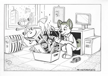 anthro candy cheek_tuft clothed clothing crouching dessert facial_tuft fangs fire food glistening glistening_eyes head_tuft inside male marshmallow open_mouth open_smile smile solo teeth tuft young young_anthro young_male pandapaco canid canine mammal absurd_res hi_res monochrome
