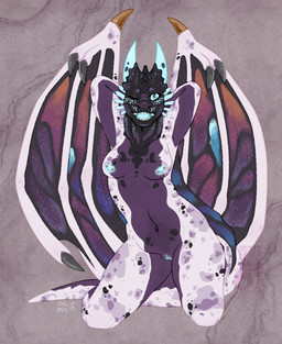 anthro breasts claws female genitals nipples nude open_mouth piercing simple_background smile solo tail vulva wings vaalravn mythology dragon mythological_creature mythological_scalie scalie hi_res