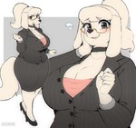 anthro big_breasts black_clothing blush bottomwear breasts business_suit businesswear choker cleavage clothed clothing eyewear female floppy_ears footwear fully_clothed glasses hair high_heels jewelry looking_at_viewer mature_female necklace shoes skirt smile solo suit tail white_hair wide_hips 00niine canid canine canis domestic_dog mammal 2024 absurd_res digital_media_(artwork) hi_res