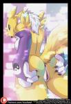 anthro anus azaleesh bandai_namco blue_eyes breasts butt canid canine chest_tuft digimon digimon_(species) english_text female fur genitals hi_res holding_butt looking_at_viewer looking_back mammal nude presenting presenting_pussy pussy raised_tail rear_view renamon side_boob smile solo spreading standing tail text tuft url yellow_body yellow_fur