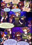 anthro blue_hair brown_hair clothed clothing female green_hair hair male open_mouth teeth text tongue yellow_eyes neotheta sinni_toivonen_(meggersnuff) ailurid domestic_cat felid feline felis mammal red_panda 2014 comic digital_media_(artwork) english_text hi_res