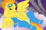 amber_eyes bedroom_eyes bodysuit camel_toe clothing cloud eyewear feathered_wings feathers female goggles hair looking_at_viewer multicolored_hair narrowed_eyes night seductive skinsuit solo suggestive tail tight_clothing two_tone_hair undressing wings yellow_body yellow_feathers paul_lucas friendship_is_magic hasbro my_little_pony mythology spitfire_(mlp) wonderbolts_(mlp) equid equine mammal mythological_creature mythological_equine pegasus 2012 digital_media_(artwork)