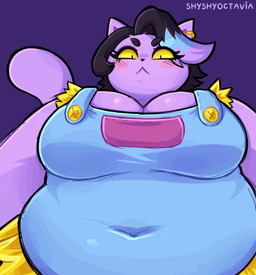 >:< angry anthro belly big_breasts black_hair blue_clothing blue_overalls blush breasts cleavage clothed clothed_anthro clothed_female clothing deep_navel ear_piercing ear_ring ear_twitch female female_anthro fur hair looking_at_viewer looking_down looking_down_at_viewer low-angle_view navel navel_outline overalls overweight overweight_anthro overweight_female piercing pouting purple_background purple_body purple_fur ring_piercing simple_background solo tail tail_motion yellow_sclera shyshyoctavia undertale undertale_(series) catty_cattenheimer domestic_cat felid feline felis mammal 2025 animated digital_media_(artwork) hi_res