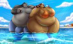 anthro beverage bikini clothing cloud day duo female food hyper male male/female morbidly_obese obese overweight overweight_female popsicle sky swimming_trunks swimwear two-piece_swimsuit robthehoopedchipmunk common_hippopotamus hippopotamid mammal