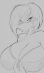 anthro beak big_breasts bra breasts cleavage clothed clothing female hair huge_breasts non-mammal_breasts solo underwear mastergodai knuckle_up! jupiter_(mastergodai) anatid anseriform avian bird duck 2015 hi_res monochrome