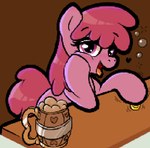 alcohol beer beer_mug berry_punch_(mlp) beverage bubble coin dowapone drunk equid equine eyebrow_through_hair eyebrows female friendship_is_magic hair hasbro head_on_hand heart_symbol horse looking_at_viewer mammal motion_lines my_little_pony open_mouth pink_body pink_hair pony purple_body purple_eyes sitting solo substance_intoxication tongue tongue_out translucent translucent_hair