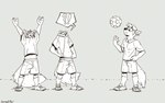 anthro backwards_baseball_cap backwards_hat ball baseball_cap big_tail clothed clothing collared_shirt comic_panel footwear grass_plain group hat headgear headwear knee_highs legwear shirt shirt_over_eyes shirt_over_face shoes short_pants sneakers soccer soccer_ball soccer_field soccer_jersey soccer_player soccer_socks soccer_uniform socks speech_bubble sport sportswear struggling_to_fit tail topwear uniform softailfox canid canine canis domestic_dog fox mammal wolf 16:10 hi_res widescreen