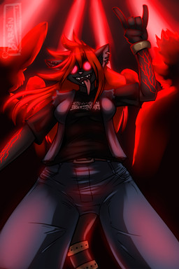 anthro arm_tattoo band_shirt black_body black_clothing black_fur black_shirt black_topwear bottomwear breasts clothing denim denim_bottomwear denim_clothing devil_horns_(gesture) ear_piercing eyewear fangs female fur gesture glasses glowing glowing_tattoo group hair hand_gesture jeans long_hair low-angle_view opaque_glasses open_mouth pants piercing pink_lens red_hair red_light red_tattoo shirt solo_focus t-shirt tattoo teeth text tongue tongue_out topwear vest barrin84 sadistik_exekution_(band) nil_(nihilchalice) domestic_cat felid feline felis mammal 2:3 artist_name hi_res signature