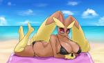 anthro beach big_breasts big_butt bikini breasts brown_body butt cleavage clothed clothing eyewear female glasses lying nipple_outline on_front red_sclera seaside solo swimwear towel two-piece_swimsuit kawma nintendo pokemon generation_4_pokemon lopunny pokemon_(species) 2018 hi_res