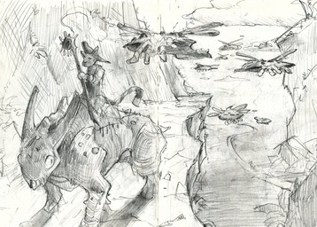 ambiguous_anthro ambiguous_feral ambiguous_gender anthro biped cliff cloud feral group holding_object holding_staff horn outside quadruped riding sitting staff tail akatan_art ambiguous_species hi_res monochrome sketch